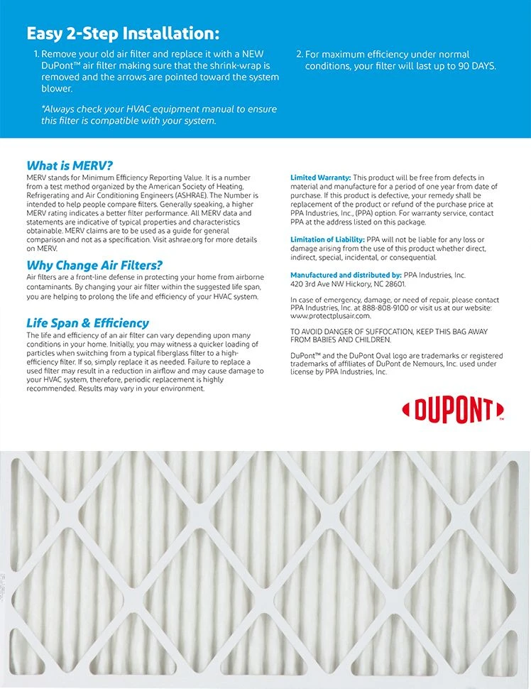 19x20x1 (Actual Size) DuPont Dust Air Filter (MERV 8) 4 19x20x1 (Actual Size) DuPont Dust Air Filter (MERV 8) - Image 2